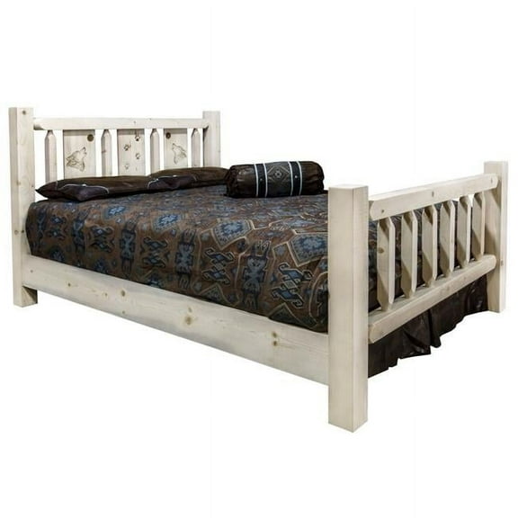 Homestead Collection Twin Bed w/ Laser Engraved Wolf Design, Clear Lacquer Finish