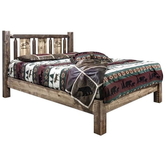 Montana Woodworks MWHCPBTSLLZMOOSE Homestead Collection Platform Bed with Laser Engraved Moose Design, Stain & Clear Lacquer Finish - Twin Size