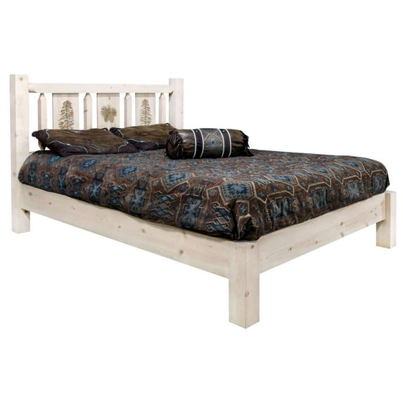 Homestead Collection Twin Platform Bed w/ Laser Engraved Pine Tree Design, Clear Lacquer Finish