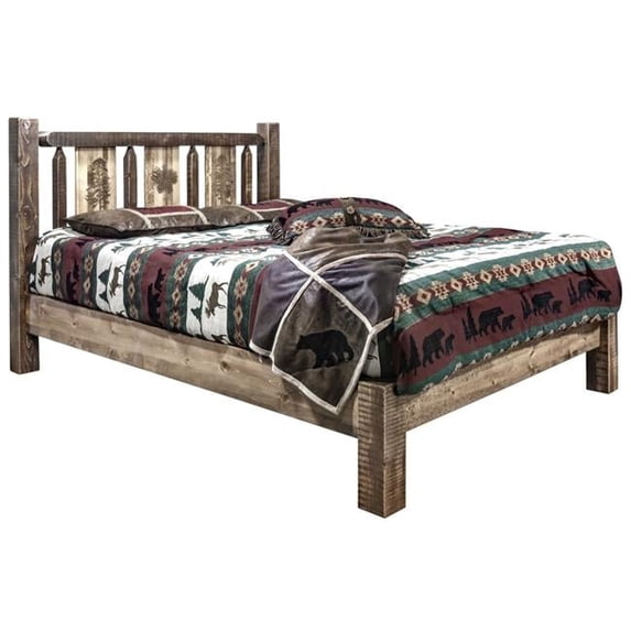 Homestead Collection Twin Platform Bed w/ Laser Engraved Pine Tree Design, Stain & Clear Lacquer Finish