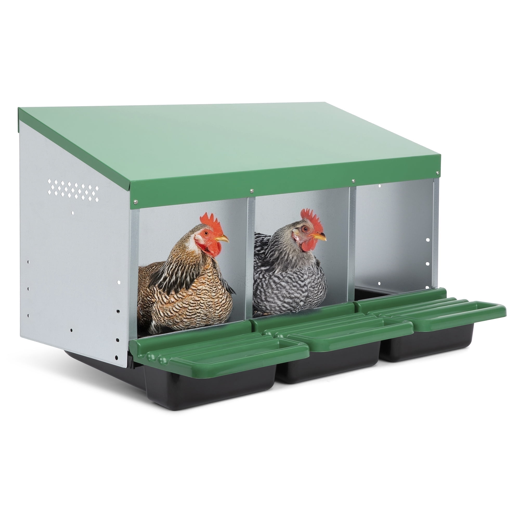 Green and Silver Galvanized Steel 3-Compartment Chicken Nesting Box