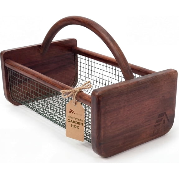 Homestead Garden Hod Harvest Basket, 8 Quart Vegetable Basket, Wood and Steel Mesh Folding Handle, Brown