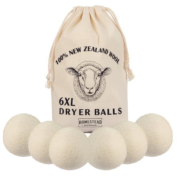 Homestead Houseware XL Wool Dryer Balls 6-Pack – 100% New Zealand Wool, Natural Fabric Softener & Static Reducer, Reusable Laundry Balls for Pet Hair, Eco-Friendly Dryer Sheets Alternative