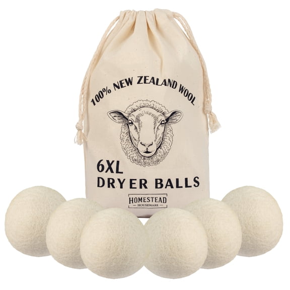 Homestead Houseware XL Wool Dryer Balls 6-Pack 100% New Zealand Wool, Natural Fabric Softener, Reusable Laundry Balls, Eco-Friendly Alternative