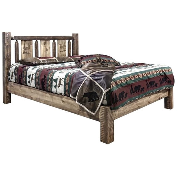 Homestead King Platform Bed with Laser Engraved Elk Design, Stain & Clear Lacquer Finish - King Size