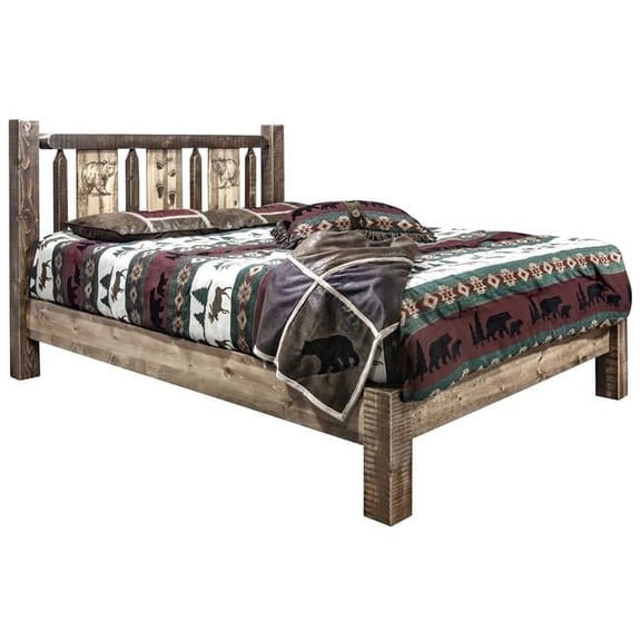 Homestead Platform Bed with Laser Engraved Bear Design, Stain & Clear Lacquer Finish - King Size