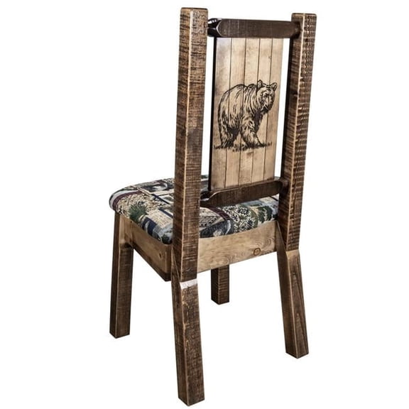 Homestead Side Chair - Woodland Upholstery with Laser Engraved Bear Design, Stain & Lacquer