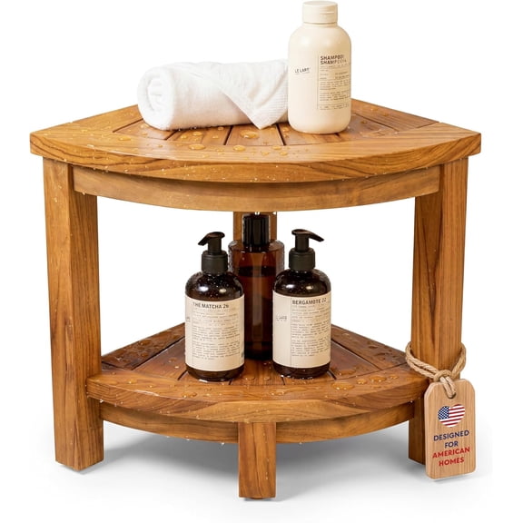 Homestead Teak Shower Stool with 2 Tier Storage Shelf, Compact Corner Shower Bench for Inside Shower, Bathroom Seat with Soap Holder, Shower Foot Rest and Shower Stool for Shaving Legs