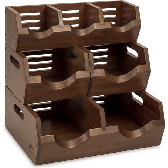 Homestead Wood Pantry Storage Bins, Set of 3 Stackable Potato and Onion Organizer with Handles, Chestnut