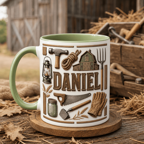 Homesteader Dad Accent Mug Custom Name Father’s Day Gift with Barn Tools Lantern Rope