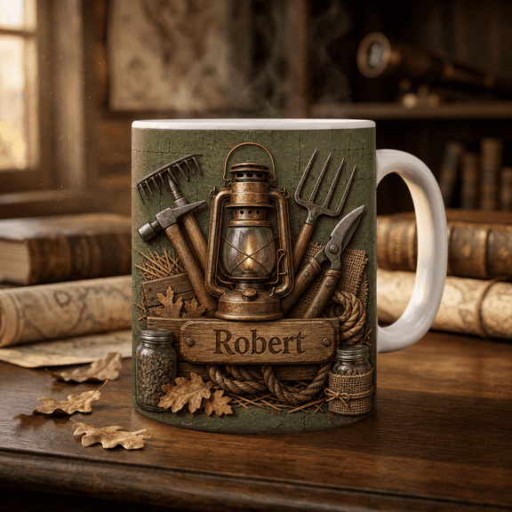Homesteader Dad Custom Mug, Personalized Accent Mug with Lantern Barn Tools Rope Jars, Father’s Day Gift