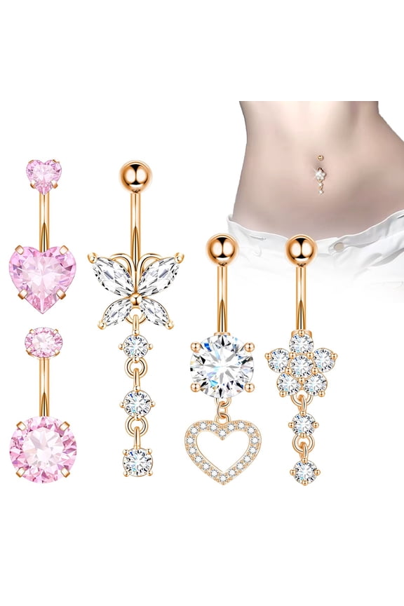 5pc Dangle Belly Button Rings For Women Navel Piercing Jewelry With Heart Butterfly Flower Charms Hypoallergenic Stylish Gift