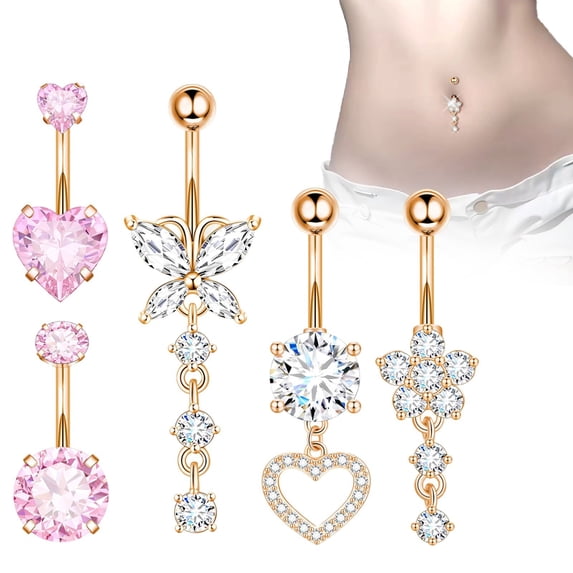Homesteed 5pc Dangle Belly Button Rings For Women Navel Piercing Jewelry With Heart Butterfly Flower Charms Hypoallergenic Stylish Gift