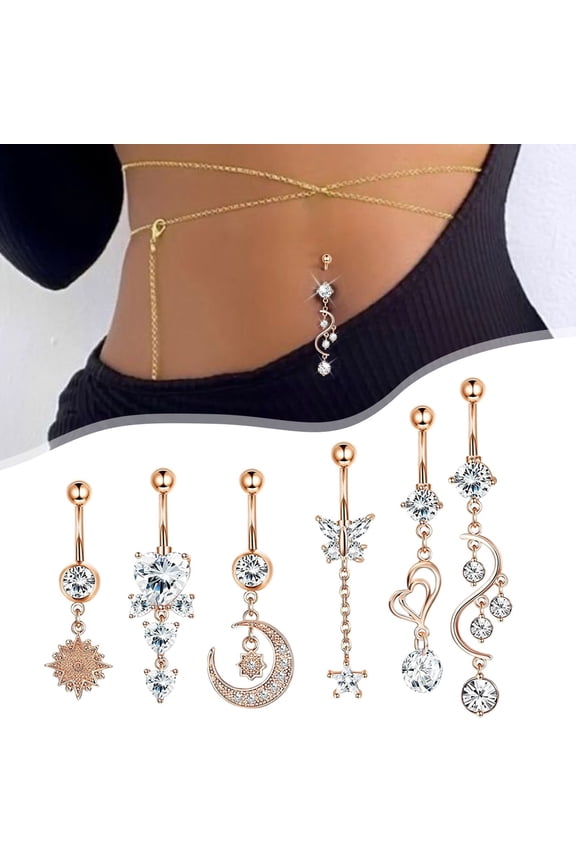 6pc Dangle Belly Button Rings Navel Piercing Jewelry Sparkling Body Accessories for Women Fashion Hanging Belly Piercings