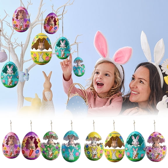 Homesteed 8pc Easter Tree Decorations Wooden Hanging Eggs Ornaments Spring Decor for Home Holiday Party DIY Crafts Festive Signs