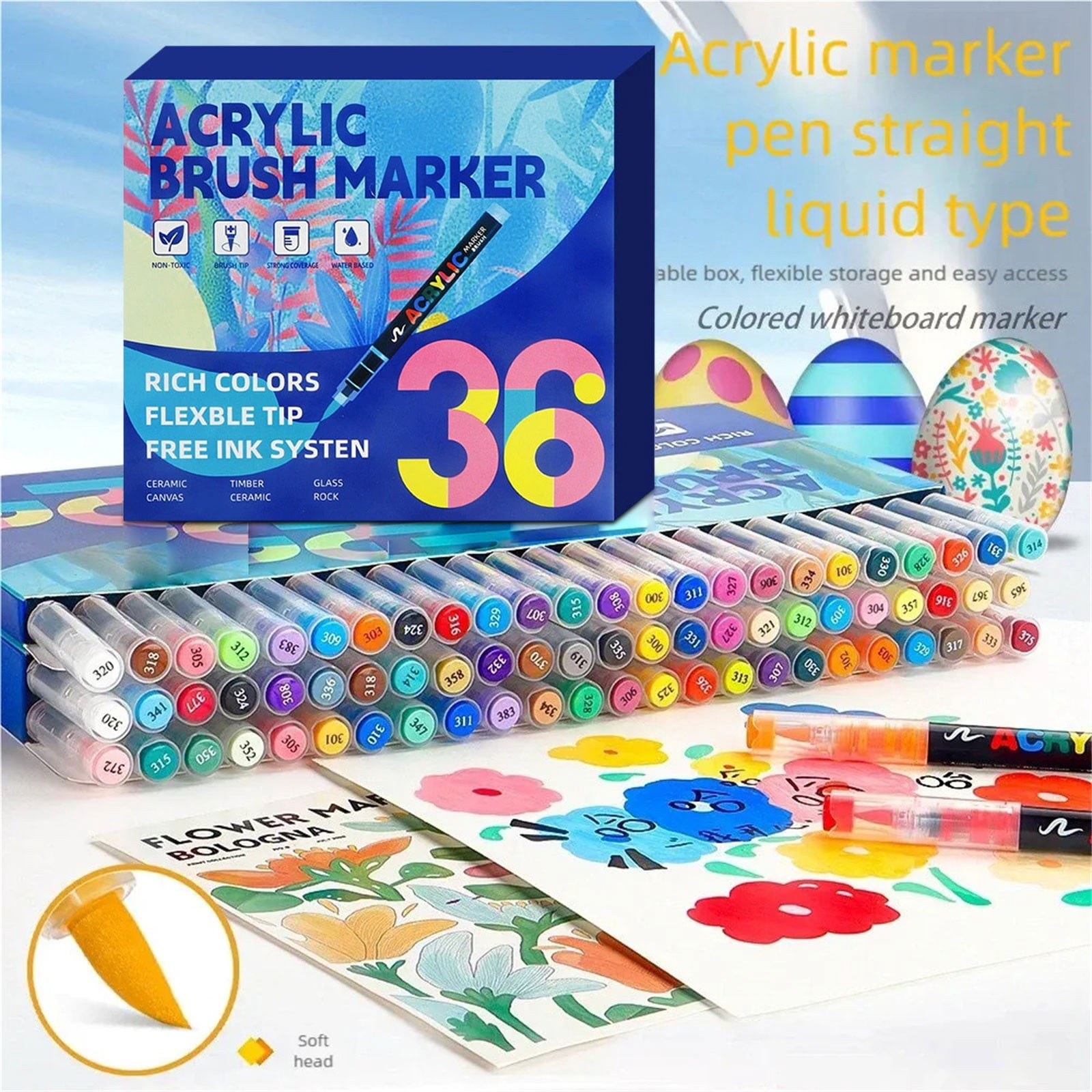 Homesteed Acrylic Paint Markers 36 Colors Soft Brush Tip Paint Pens for Rock Painting Glass Ceramic DIY Art Supplies for Adult Coloring