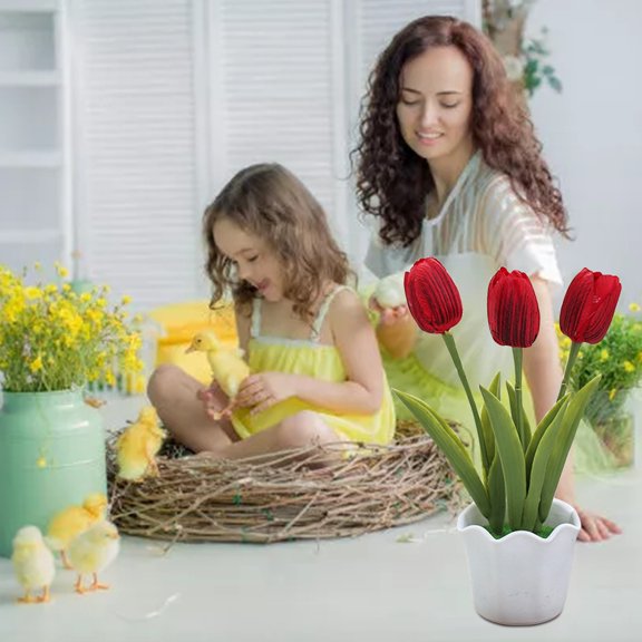 Homesteed Artificial Bonsai Tree Fake Plants Decor Realistic Tulip Simulation Potted Plant for Home Office Desk Shelf Decor Creative Gift