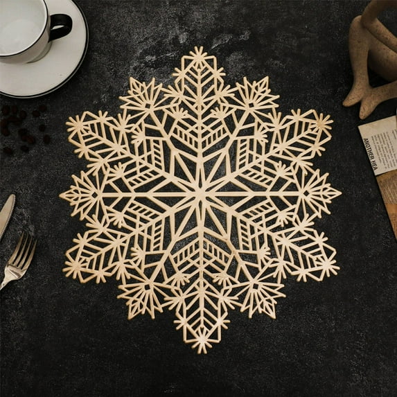 Homesteed Christmas Snowflake Place Mats Metallic Vinyl Holiday Table Mats Washable Non-Slip Hollow Out Doilies Decorations for Dinner Table Set of 1 15” Diameter