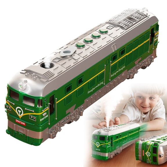 Homesteed Classic Retro Green Train Toy Inertia Bump and Go Spray Light Obstacle Avoidance Vehicle 11x3x3.4 in Nostalgic Steam Style Model Car