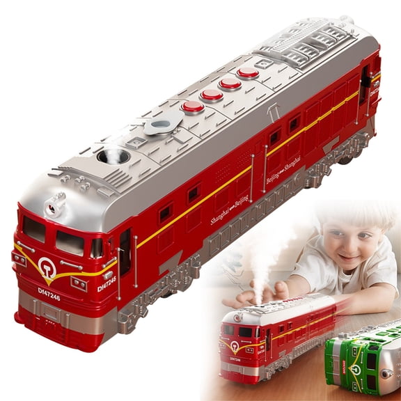 Homesteed Classic Retro Red Train Toy Inertia Bump and Go Spray Light Obstacle Avoidance Vehicle 11x3x3.4 in Nostalgic Steam Style Model Car