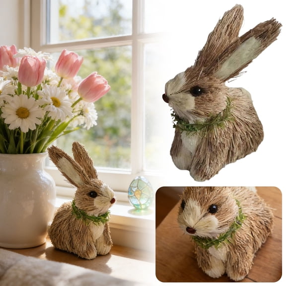 Homesteed Cute Handmade Woven Rabbit Figurine Desk Decor for Women Rustic Animal Ornament Office Accessories Home Shelf Tabletop Gift