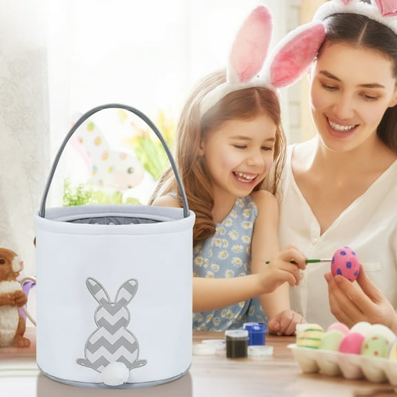 Homesteed Easter Basket Personalized Bunny Printed Canvas Gift Bag Holiday Candy Bucket for Kids Toddler Boys Easter Egg Hunt Decoration