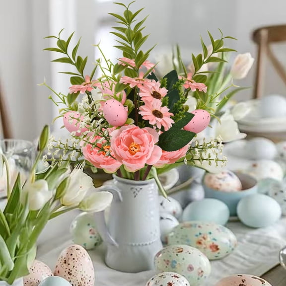 Homesteed Easter Decor Peony Bouquet Artificial Flowers with Eggs Spring Floral Arrangement Centerpiece for Table Shelf Mantel