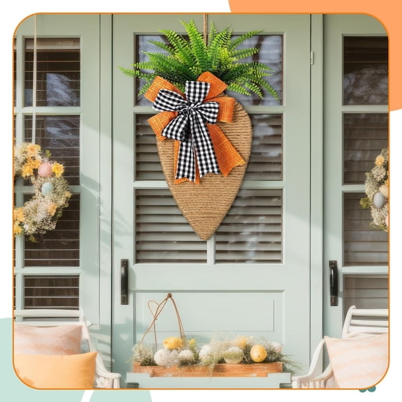 Homesteed Easter Door Hanging Handmade Carrot Decor Farmhouse Rustic Spring Wall Ornament with Checkered Bow Greenery