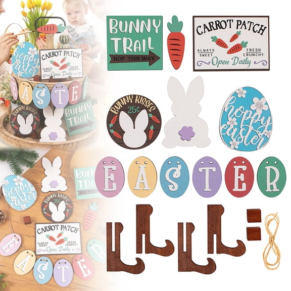 Homesteed Easter Tiered Tray Decor Farmhouse Rustic Signs Spring Bunny Carrot Decorations for Home Table Mantel Holiday Party