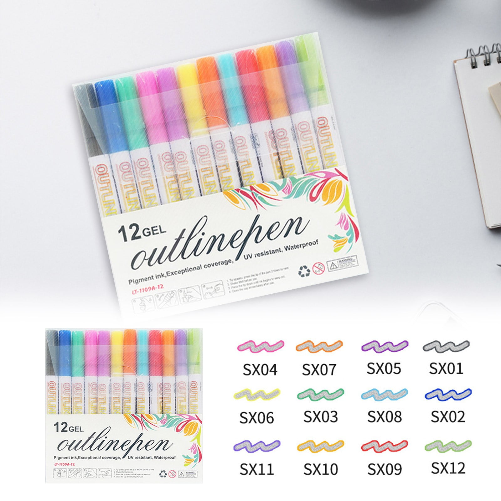 Homesteed Outline Markers 12 Colors Double Line Squiggles Outline Marker Pen Set Metallic Glitter Pens for Birthday Cards Drawing