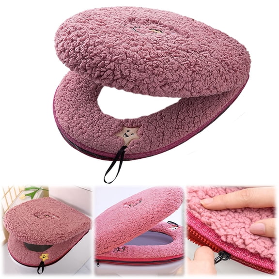 Homesteed Plush Toilet Seat Cover Fuzzy Toilet Lid Cover Soft Thick Washable Round Toilet Seat For Bathroom With Zipper Handle Embroidered Design