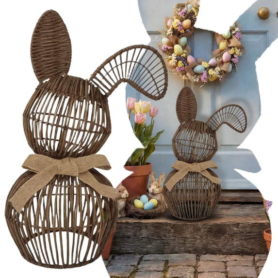 Homesteed Rattan Bunny Easter Decorations Woven Wicker Rabbit Ornament Handmade Animal Statue for Home Garden Spring Farmhouse Decor
