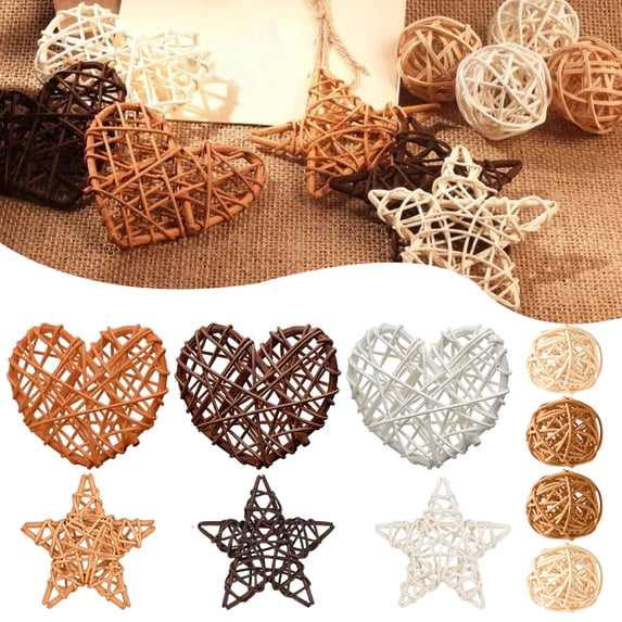 Homesteed Rattan Heart and Star Decor Set Natural Wicker Tabletop Styling Home Decor Photo Props for Valentine or Everyday Display