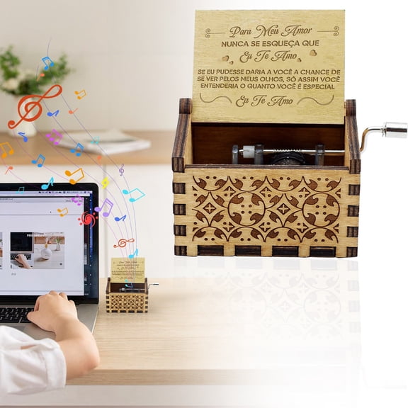 Homesteed Vintage Wood Music Box Hand Cranked Engraved Love Message Portable Antique Style Melody for Couples Birthday Gift