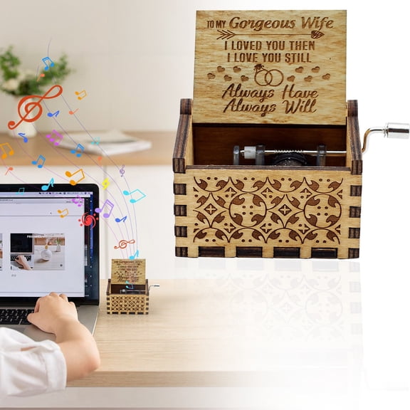 Homesteed Vintage Wood Music Box Hand Cranked Engraved Love Message Portable Antique Style Melody for Couples Birthday Gift