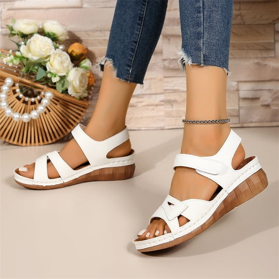 Homesteed Women's Roman Sandals Casual Summer Open Toe Wedge Platform Shoes Elastic Buckle Hollow Out Comfortable Walking Outdoor Sandals White