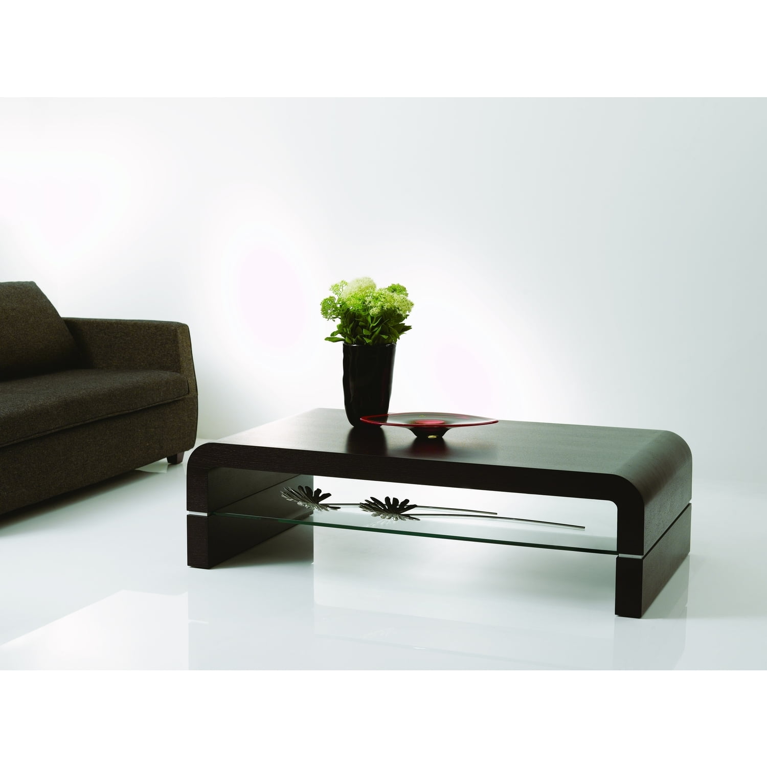 Dark Oak Veneer Coffee Table with Clear Glass Shelf