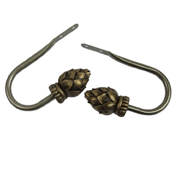 Curtain Holdbacks Pair Antique Brass, J Hook Design, 2.5 Inch Length, Decorative Window Treatment Hardware