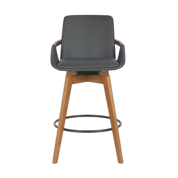 Mid Century Modern Swivel Bar Stool - Kitchen Island Counter Height - Gray Faux Leather Wood Seat