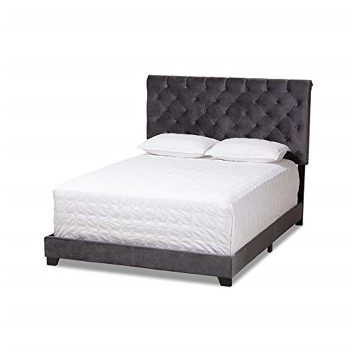 Velvet Queen Size Bed - Dark Grey Upholstered Bed Frame with HeadboardSlats