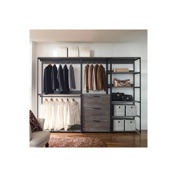Homestock Antique Ambiance Wood Walk-In Closet System - Rustic Gray Finish, 77.7" x 111" x 17.3", Large Closet Organizer with Ample Storage