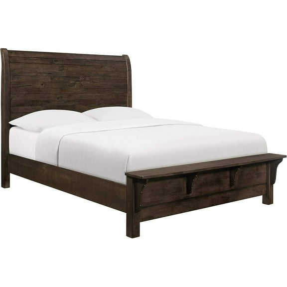 King Bed with Bench Footboard - Antique Gray Brown Wood, Modern Rustic Design, 19"H x 58"W x 16"D