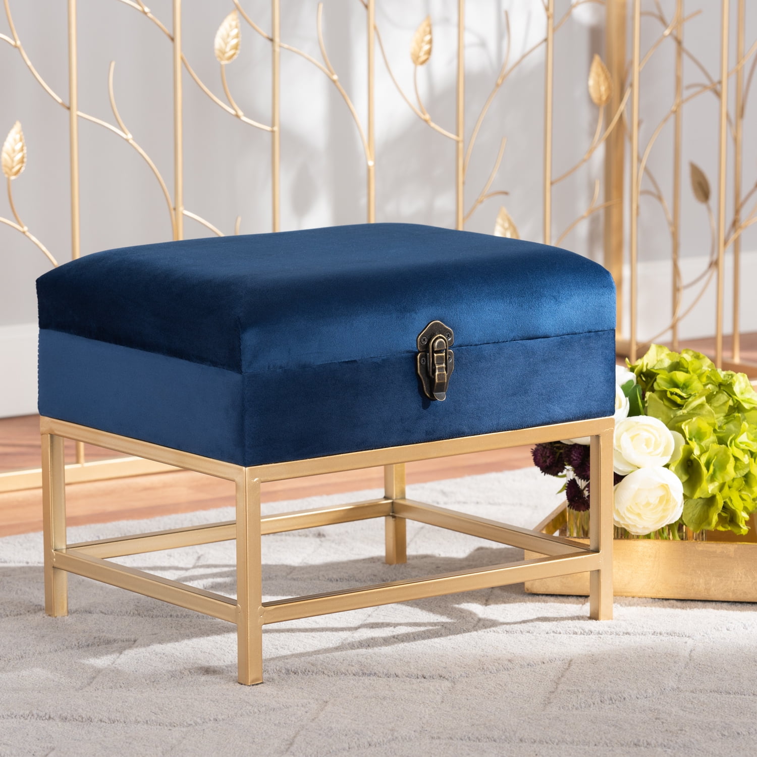 Homestock Antique Navy Blue Velvet Fabric Upholstered And Gold Finished Metal Small Storage Ottoman 13.4 D X 15.7 W X 13 H Rectangular Ottoman
