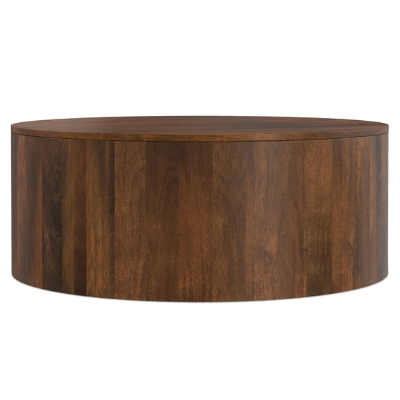 Homestock Antique Solid Mango Wood 36 Inch Wide Round Drum Coffee Table In Walnut Brown, Fully Assembled
