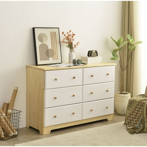 Homestock Antique Solid Pine Wood 6 Drawer Double Dresser - Natural & White Finish, 17.50" D x 47.85" W x 32.50" H, Classic Storage Solution