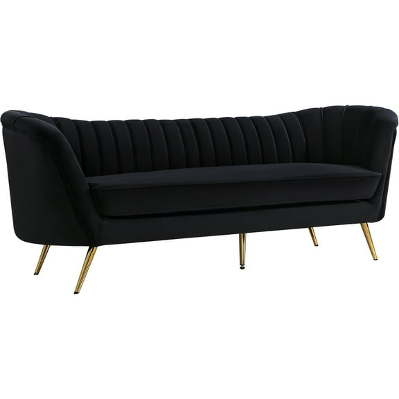 Homestock Art Deco Dreams Contemporary Velvet Upholstered Sofa with Deep Channel Tufting and Rich Gold Stainless Steel Legs, Black, 88" W x 30" D x 33" H