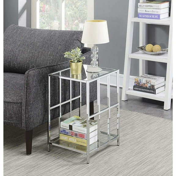 Art Deco End Table - Clear Glass & Chrome Accent Table - Living Room Side Table - 15.75" Diameter