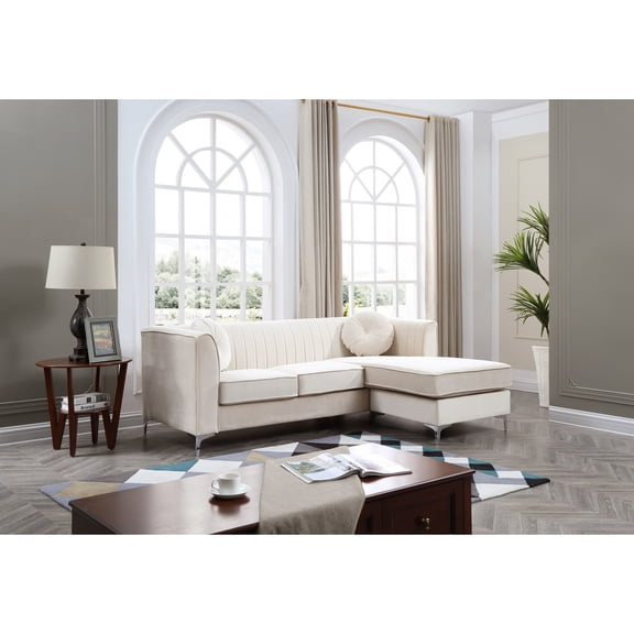 Art Nouveau Sofa Chaise - Velvet Channel Tufted, Chrome Legs, Pocket Coil Cushions, 75"