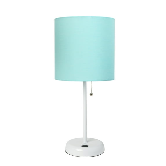 Homestock Artisanal Abode 19.5" Bedside Charging Port Feature Standard Metal Table Desk Lamp With Drum Fabric Shade For Decor, Bedroom, End Table, Living Room, Dorm, Office-Color:Aqua and White,Size:S