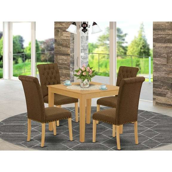5 Piece Dining Set - Square Table & 4 Parsons Chairs - Dark Coffee Fabric, Oak Finish